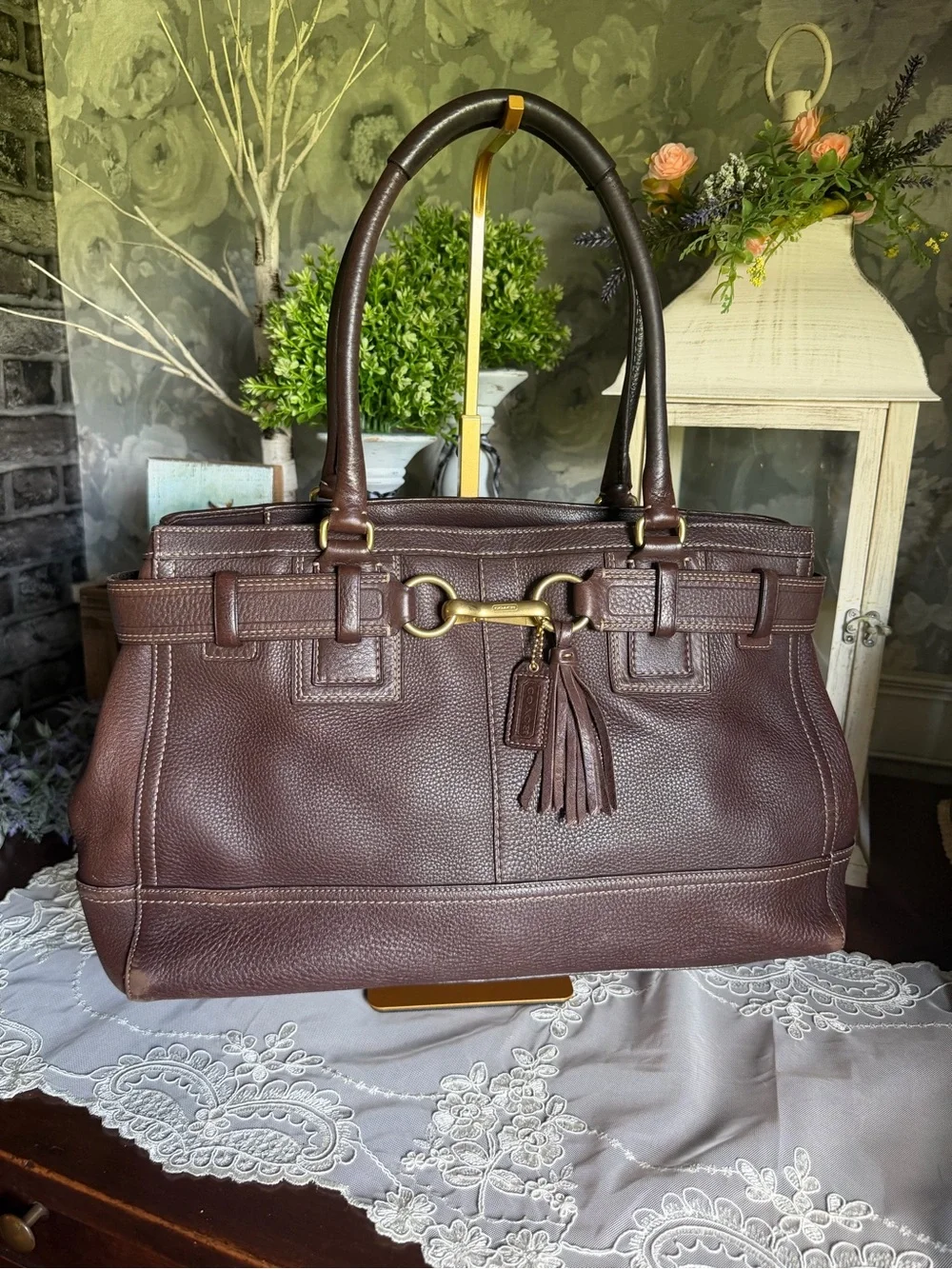 Y2K Coach Hampton Pebbled Brown Leather Carryall Tote Bag Purse 10215